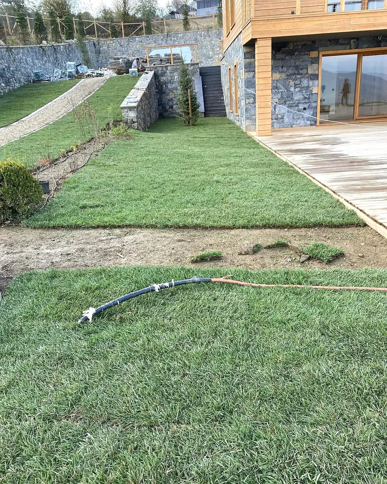 Rulo Çim Serimi Sonrası Rulo çim uygulaması sonrası yemyeşil bahçe peyzajı - Erdem Peyzaj